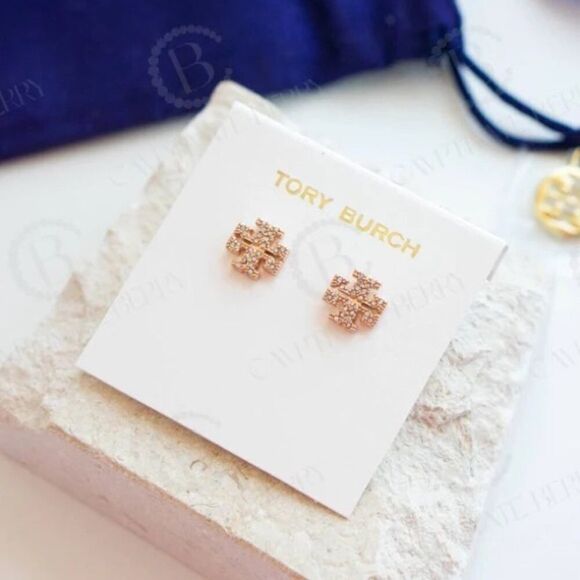 NWOT Tory Burch Rose Gold Logo Shape Pave Stud Earrings - Picture 3 of 6